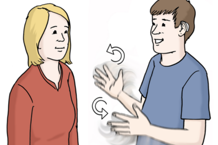 Das Bild zeigt einen Mann und eine Frau. Sie sprechen mit Gebärdensprache.