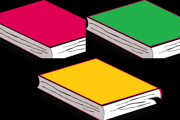 3 Bücher in gelb, rot und grün